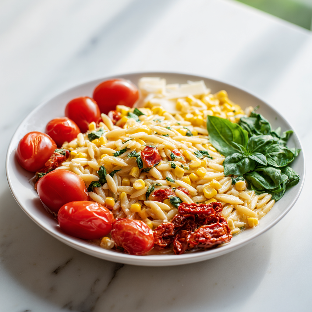creamy corn tomato orzo - main ingredients