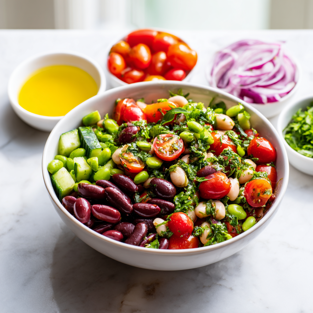 dense bean salad - main ingredients on a white surface