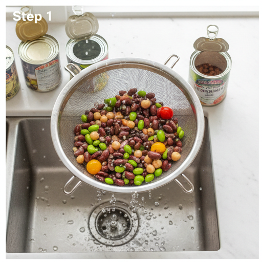 dense bean salad - rinsing canned beans in a colander