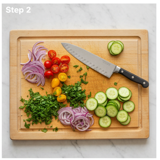 dense bean salad - chopping fresh vegetables on a cutting board