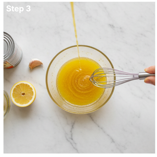 dense bean salad - whisking the lemon vinaigrette dressing