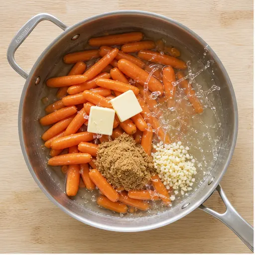 Step 1: Combine carrots with butter, sugar, and garlic in skillet