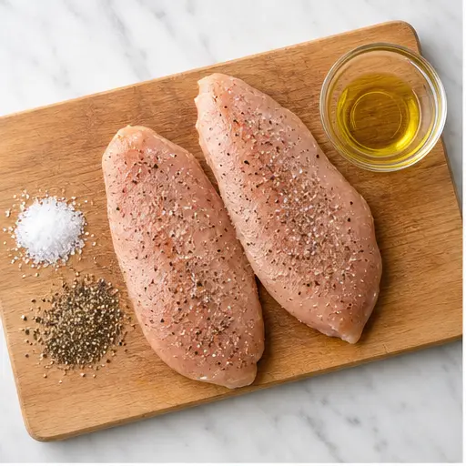 Step 1: Seasoning raw chicken fillets with salt and pepper