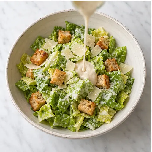 Step 3: Tossing Caesar salad with dressing, Parmesan, and croutons