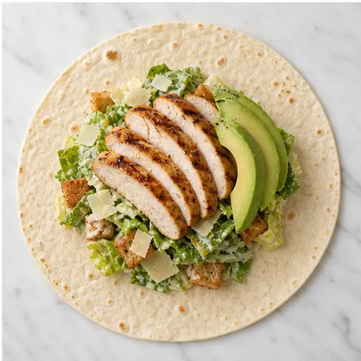 Step 4: Assembling the wrap with salad, chicken, and avocado on a tortilla