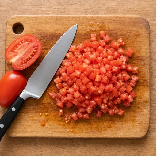 Step 1: Dicing Roma tomatoes into small cubes