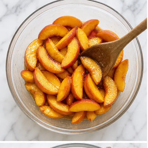 Step 1: Tossing sliced peaches with maple syrup and lemon juice