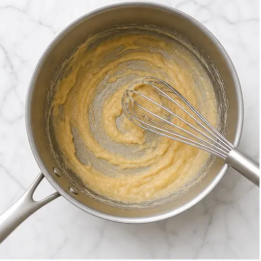 Step 1: Whisking flour into melted butter for roux