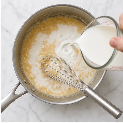 Step 2: Slowly adding milk to the roux