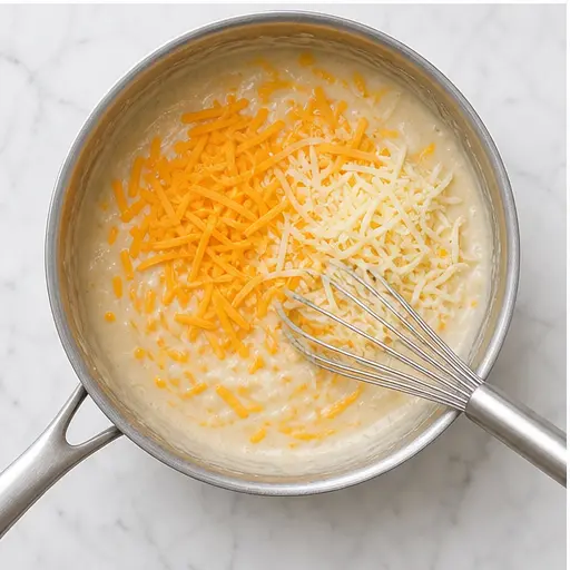 Step 3: Stirring shredded cheese into the sauce