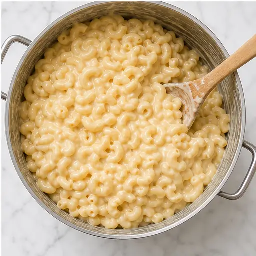 Step 4: Folding cooked pasta into the cheese sauce