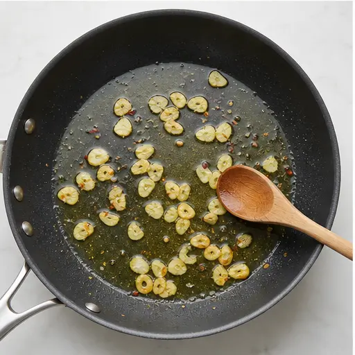Step 3: Toasting garlic slices in cold olive oil