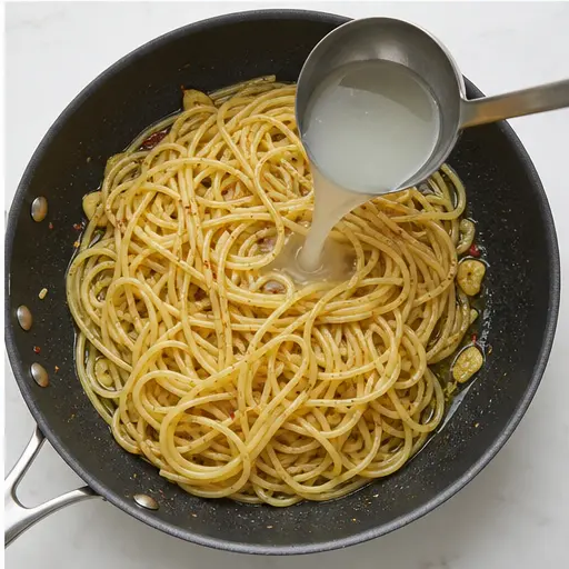 Step 4: Tossing pasta with garlic oil and pasta water
