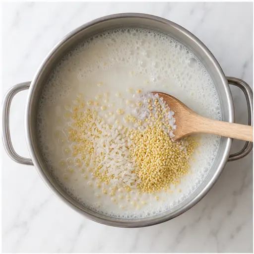 Step 1: Boiling milk and adding grains