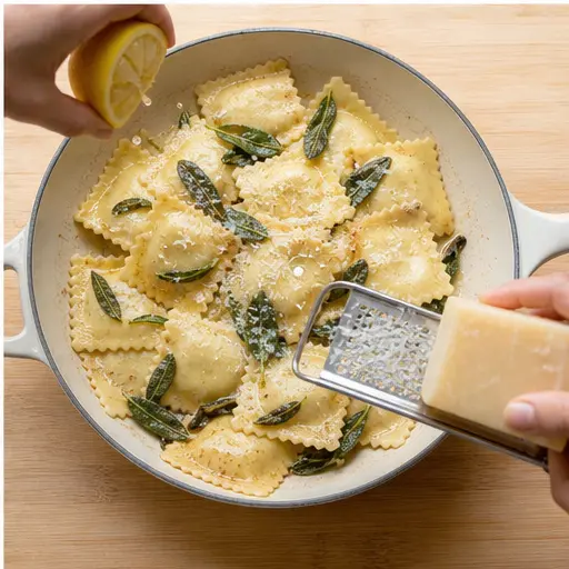 Step 4: Tossing cooked ravioli with sage butter sauce and lemon