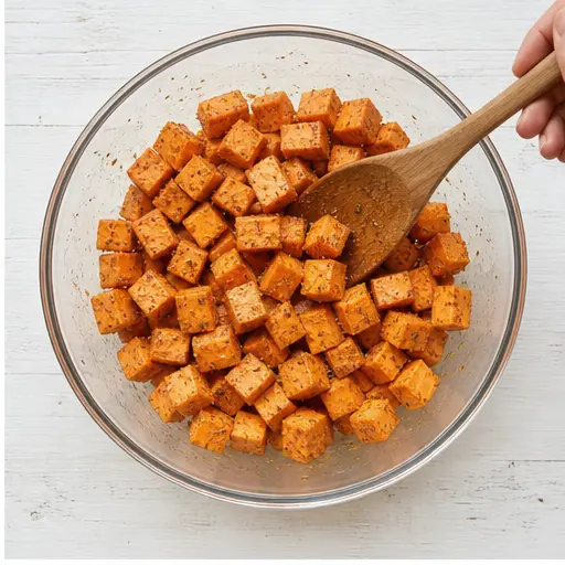 Step 2: Cut into cubes and toss with oil and spices