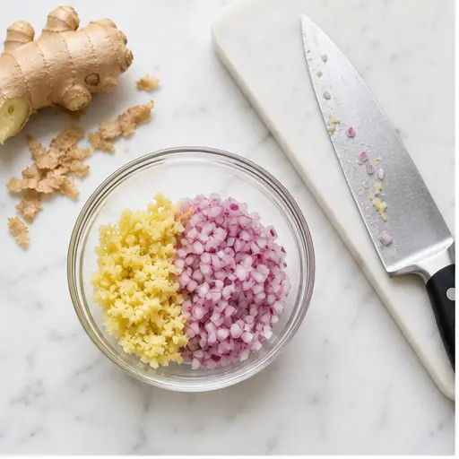 Step 1: Mincing fresh ginger and red onion