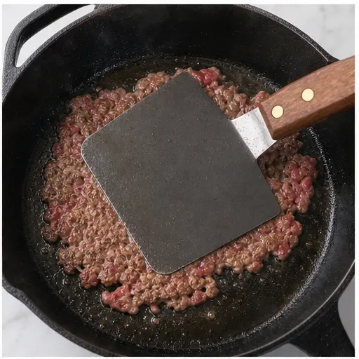 Step 2: Smashing patties thin on the hot cast iron skillet