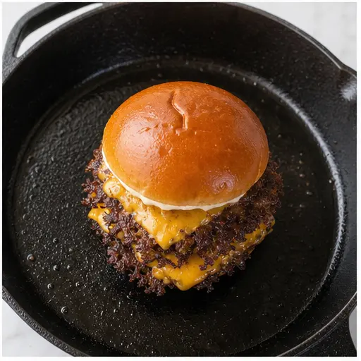 Step 4: Stacking double smash burger patties with melted cheese on toasted bun
