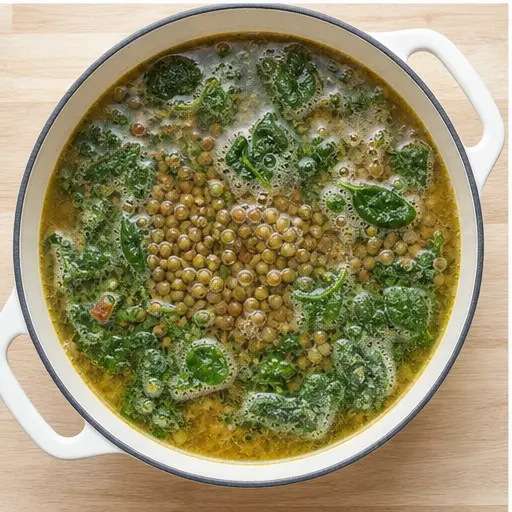 Step 3: Add broth, water, spinach, and lentils and boil