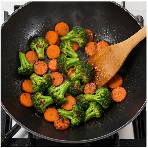 Step 2: Searing broccoli and carrots in hot oil