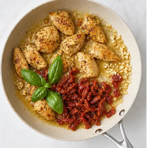 Step 3: Searing chicken with garlic and sun-dried tomatoes