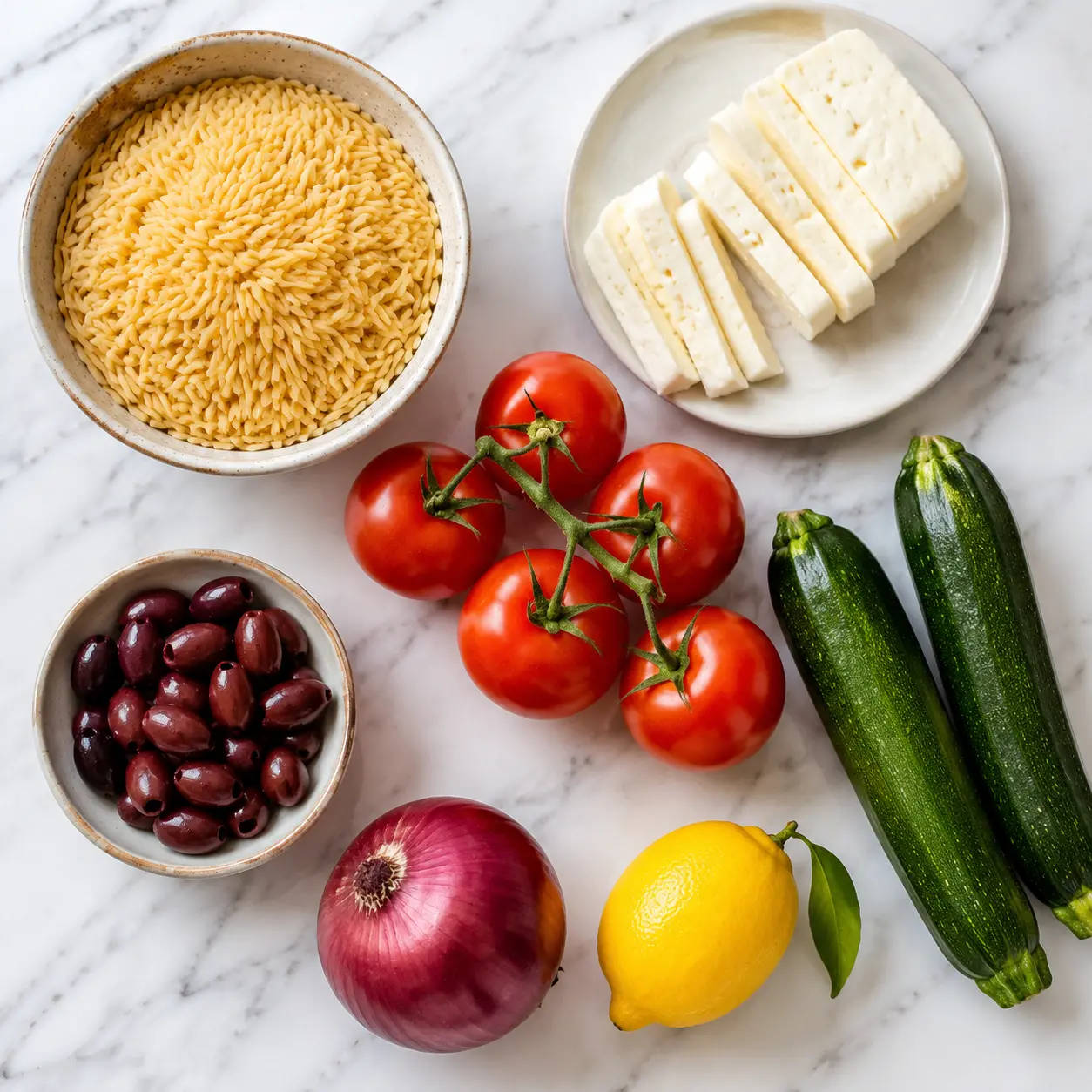 baked orzo with halloumi - main ingredients