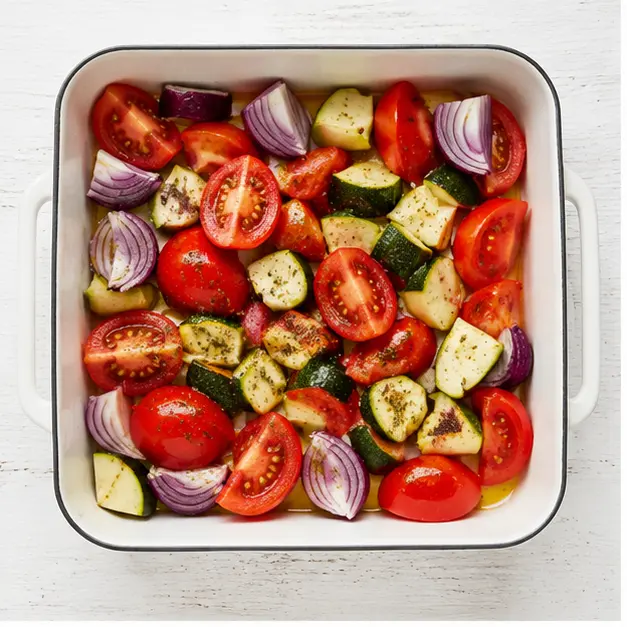 Step 1: Tossing fresh vegetables with olive oil and oregano