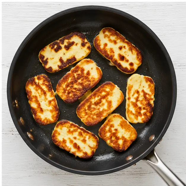 Step 4: Frying halloumi slices until golden and crispy