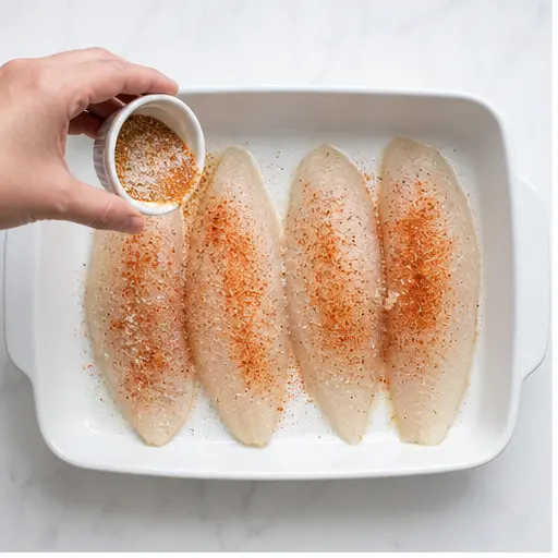 Step 1: Seasoning tilapia fillets in a baking dish