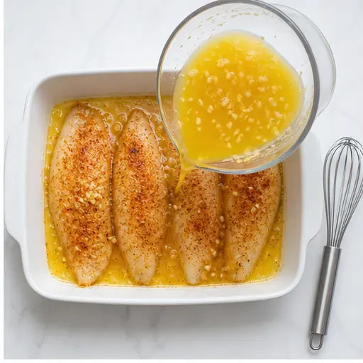 Step 2: Pouring lemon butter garlic sauce over fillets