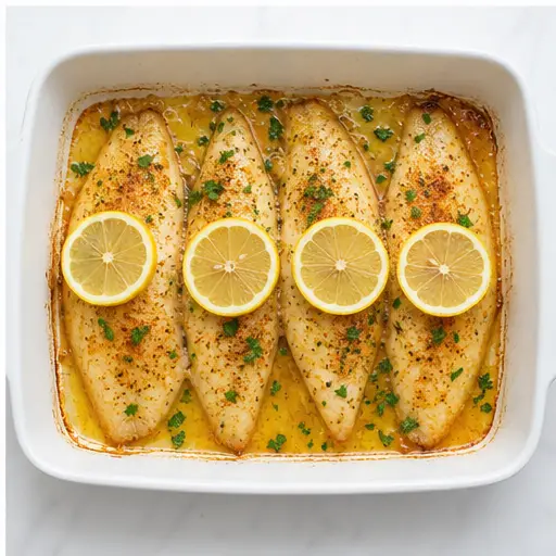 Step 4: Finished baked tilapia with lemon slices and parsley