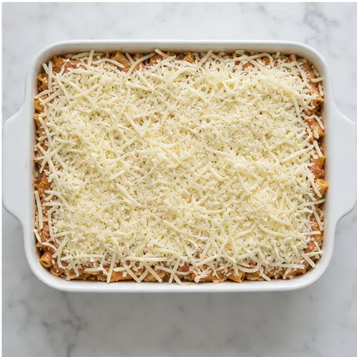 Step 4: Topping with mozzarella and Parmesan before baking