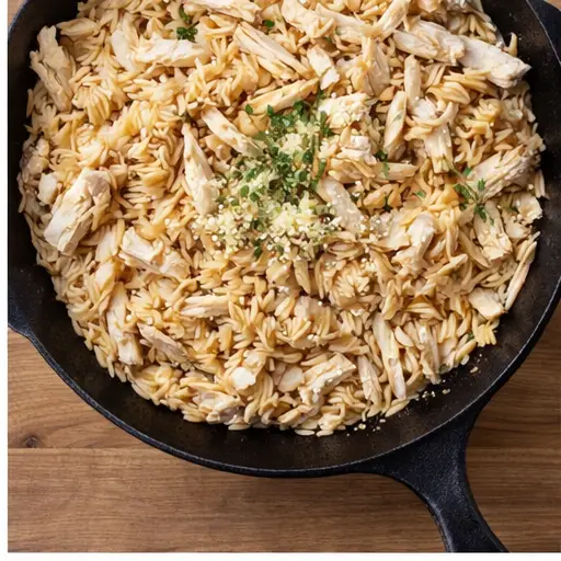 Step 2: Adding orzo and shredded chicken to the skillet