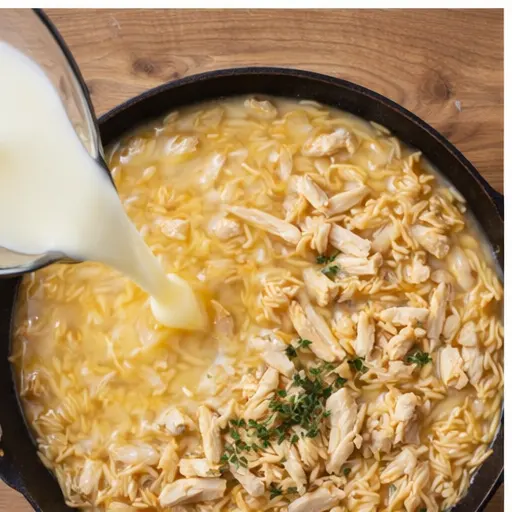 Step 3: Pouring in broth and cream for a creamy base