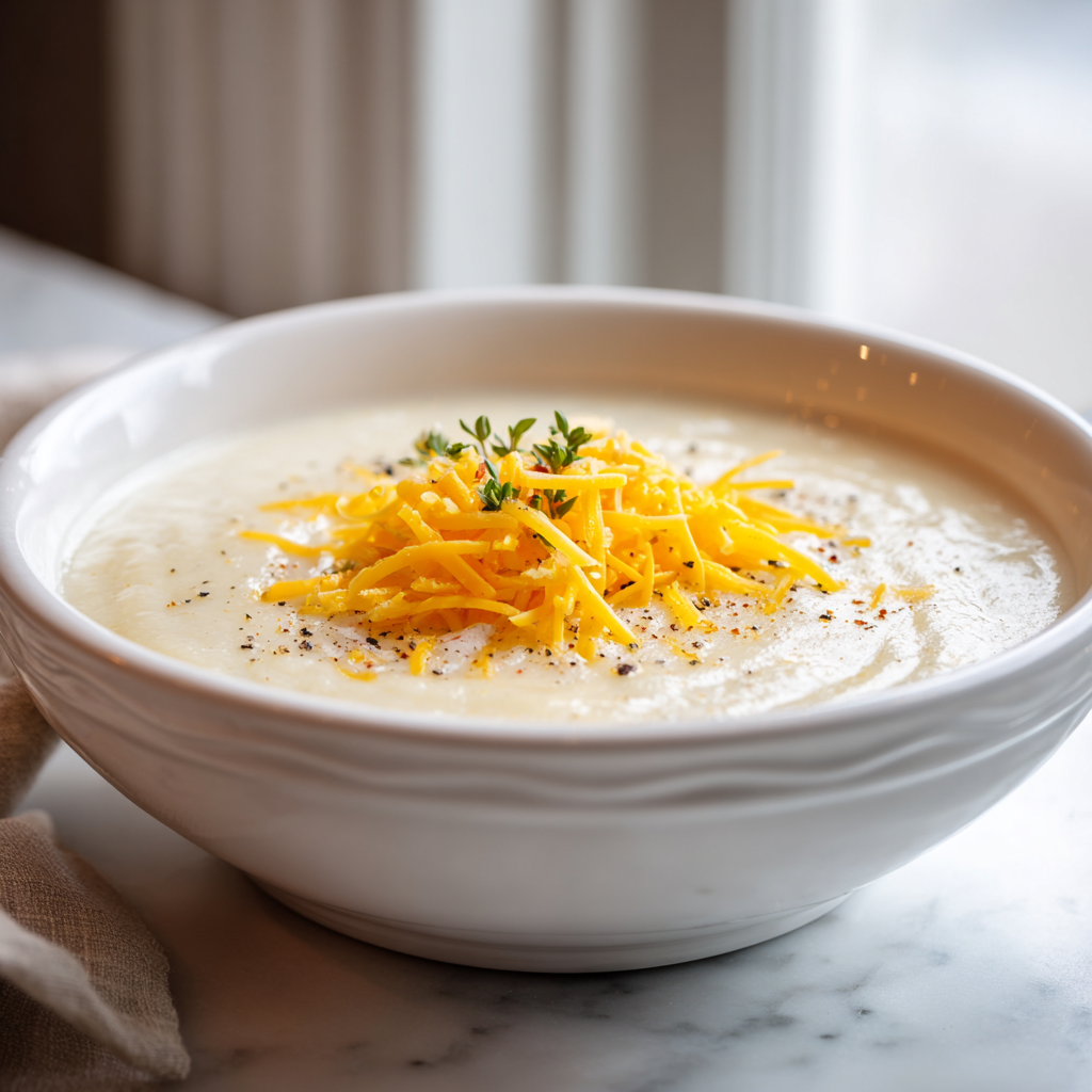 The final presentation of creamy cauliflower soup, served in a bowl with a garnish of cheese and pepper.