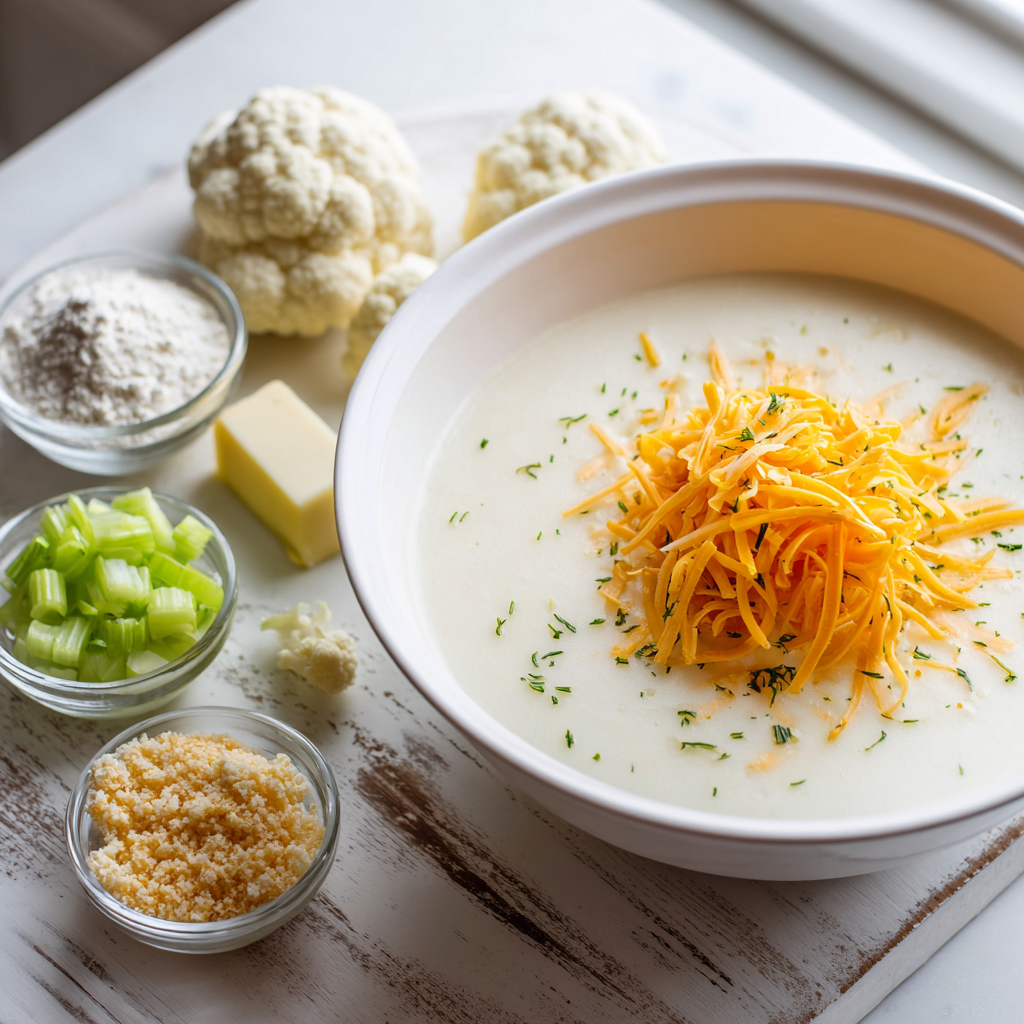 Raw ingredients for creamy cauliflower soup: cauliflower, carrot, celery, butter, flour, milk, and cheddar cheese.