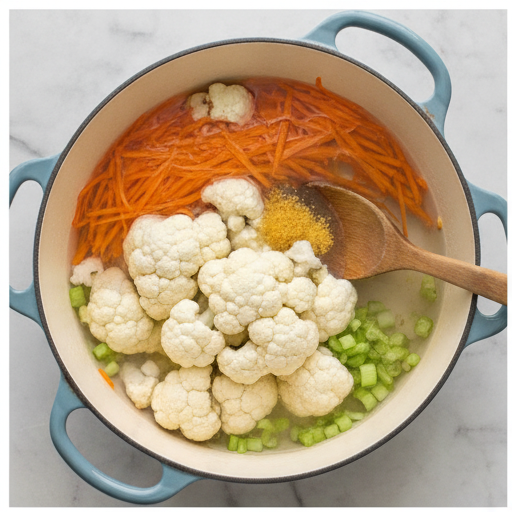 Cauliflower, carrot, and celery simmering in a Dutch oven with water and bouillon.
