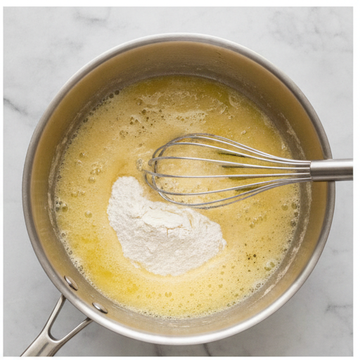 A smooth, bubbling roux being whisked in a saucepan.