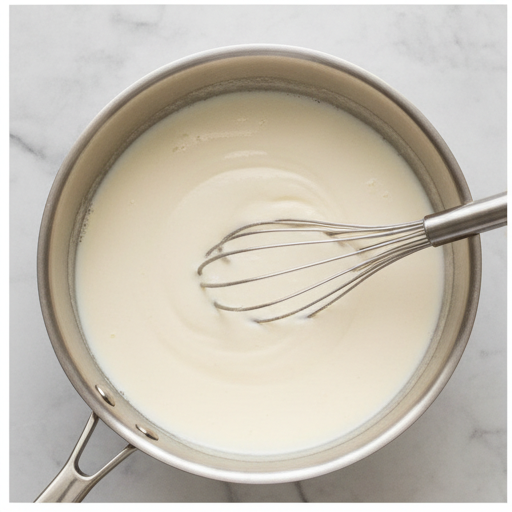 Milk being whisked into a roux, creating a thick, smooth white sauce.