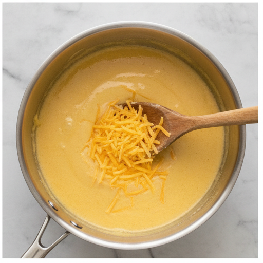 Cheese sauce being poured into the Dutch oven with cooked vegetables.