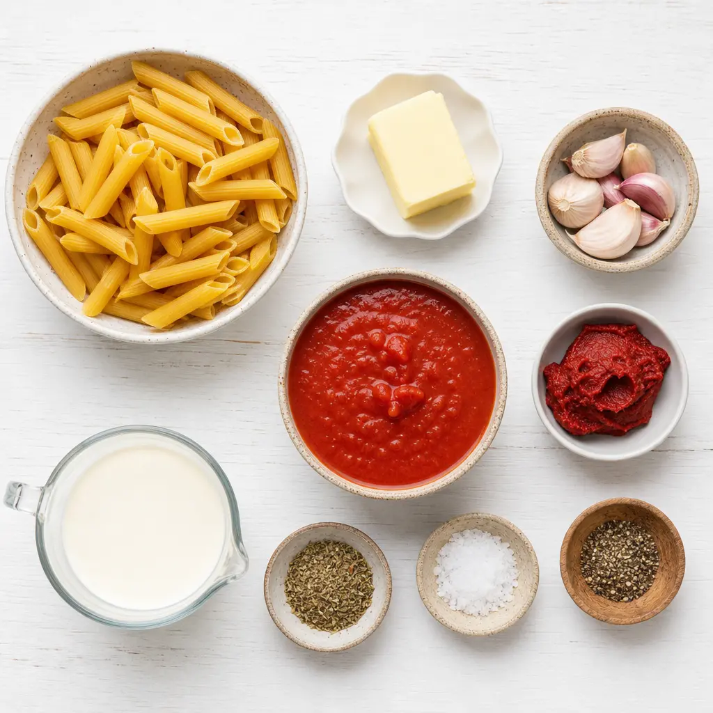 creamy tomato pasta - main ingredients