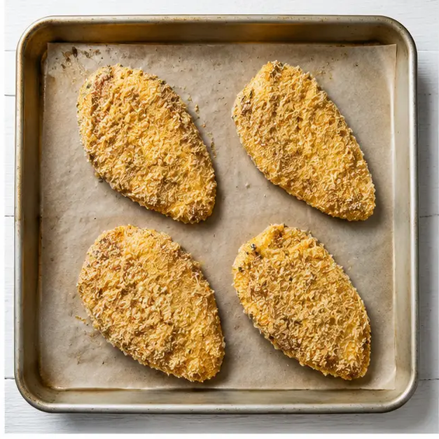 Step 2: Press chicken fillets into panko-Parmesan coating
