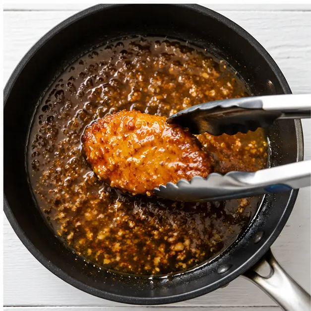 Step 4: Dip baked chicken into simmering hot honey glaze