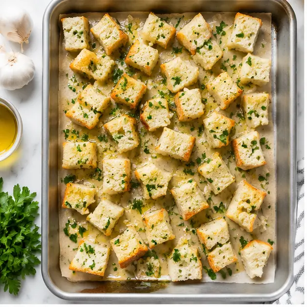 Step 1: Tossing sourdough cubes with oil and herbs