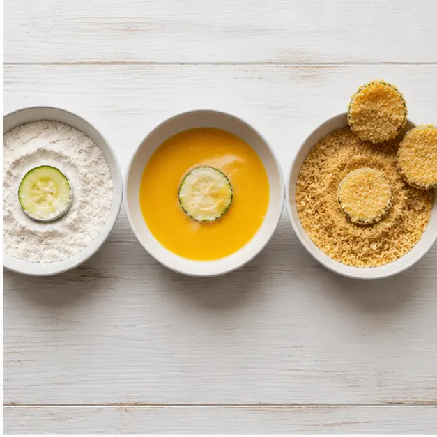 Step 2: Setting up the three-bowl breading station with flour, egg, and cracker mixture