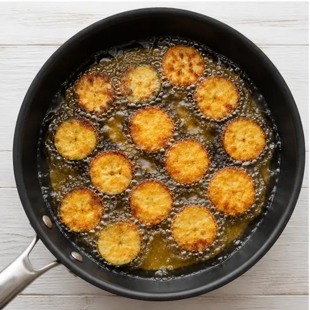 Step 3: Frying golden brown zucchini rounds in hot oil