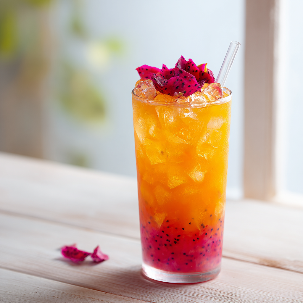 dragon fruit drink recipe - finished mango dragon fruit refresher with dried fruit garnish