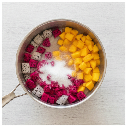 dragon fruit drink recipe - simmering dragon fruit and mango in a saucepan