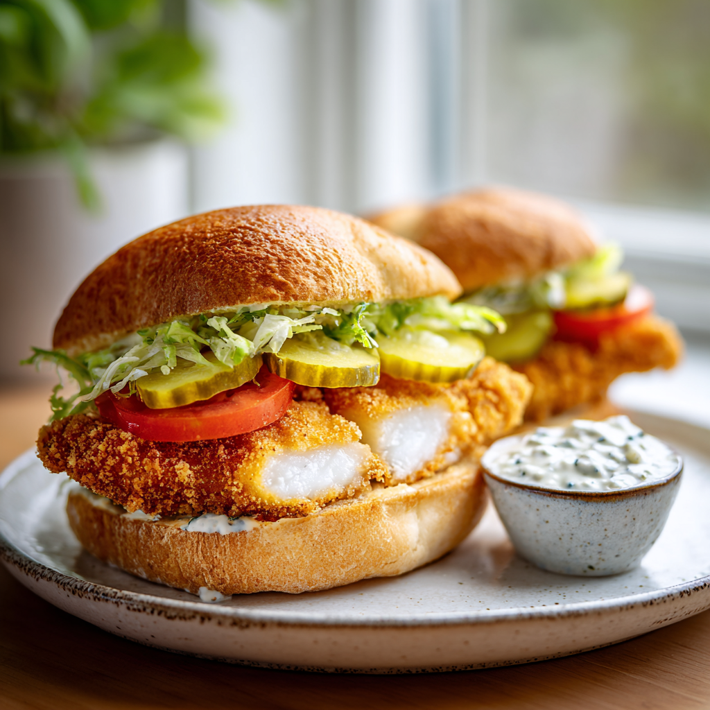 Final presentation of fried cod fish sandwich cut in half, showing flaky white fish and crispy golden crust